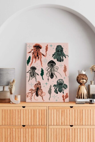 Boho Jellyfish canvas print with stylized medusa illustrations, botanical elements, and soft earthy tones, creating a whimsical and artistic wall décor accent