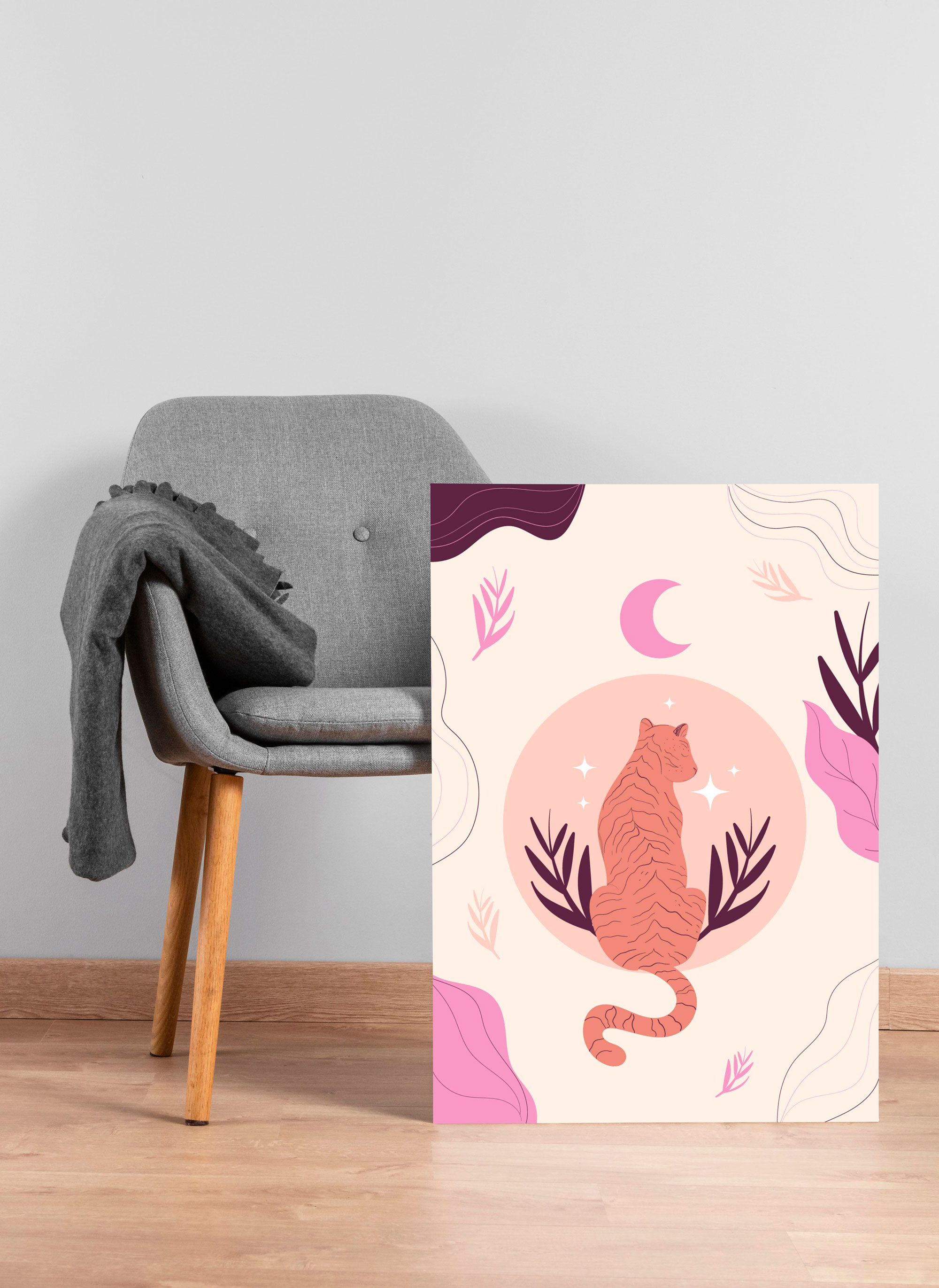 Moonlit Tiger canvas print with a seated tiger under a crescent moon, featuring soft boho colors and a calm, mystical illustration style