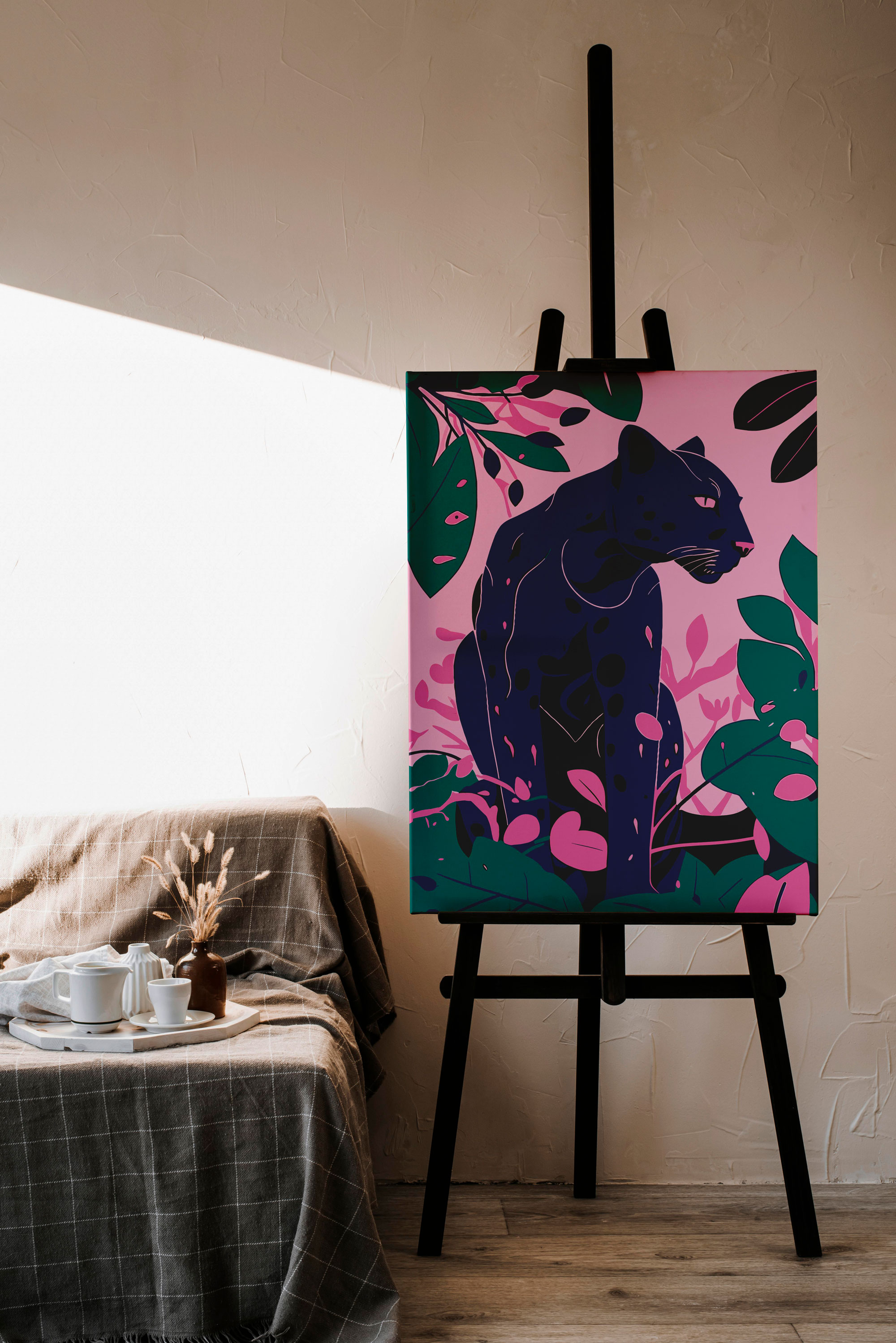 Midnight Panther canvas print with stylized dark panther and botanical leaves in bold boho colors, perfect for modern décor and artistic interiors