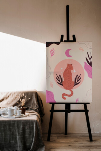 Boho tiger canvas print showing a peaceful tiger beneath moonlight with botanical accents, ideal for modern and artistic décor
