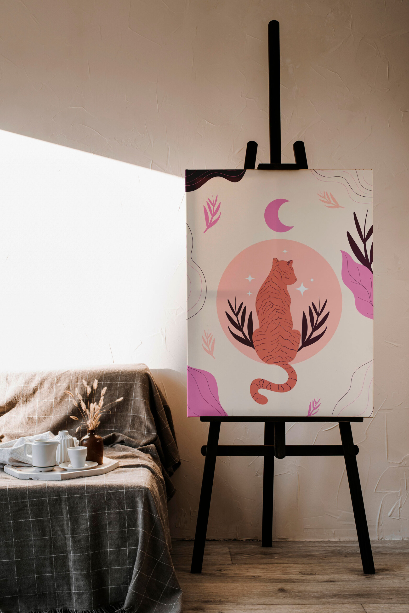 Boho tiger canvas print showing a peaceful tiger beneath moonlight with botanical accents, ideal for modern and artistic décor