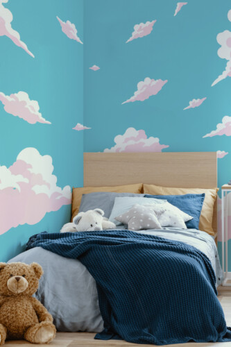 Fancy Walls traditional non-pasted PVC-free wall mural featuring spherical pastel clouds for game & gaming room décor. Modern sky wallpaper.