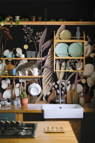 Fancy Walls traditional non-pasted wall mural with muted brown botanical meadow on dark background for art deco living rooms. Eco-friendly wallpaper mural.