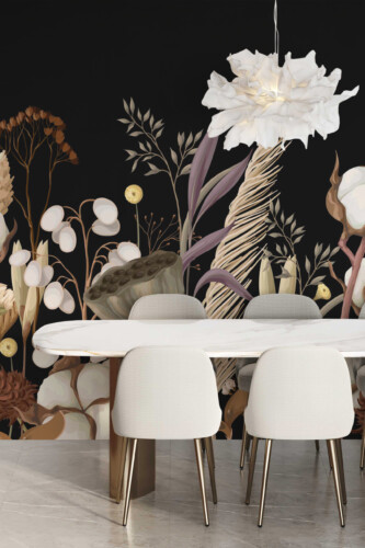 Fancy Walls peel and stick PVC-free wall mural featuring elegant wildflowers in dark botanical style for moody modern interiors and upscale spaces.