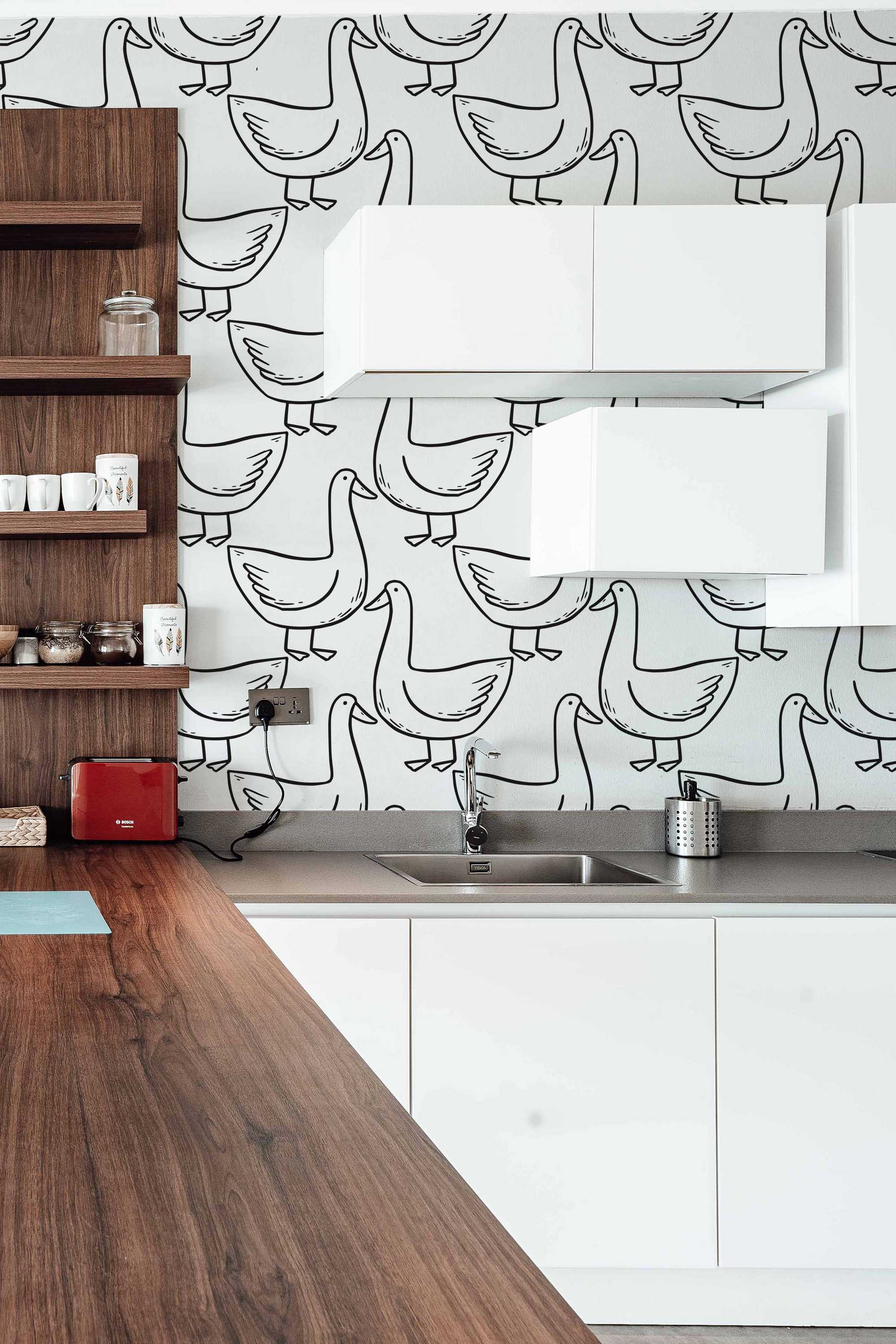 Fancy Walls traditional wallpaper highlighting funny goose doodle pattern in black and white