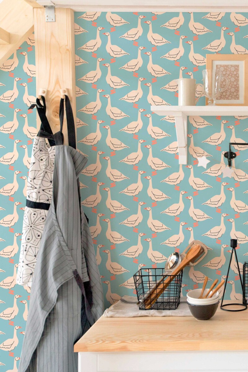Fancy Walls Aesthetic Goose removable wallpaper with charming beige goose pattern on blue.