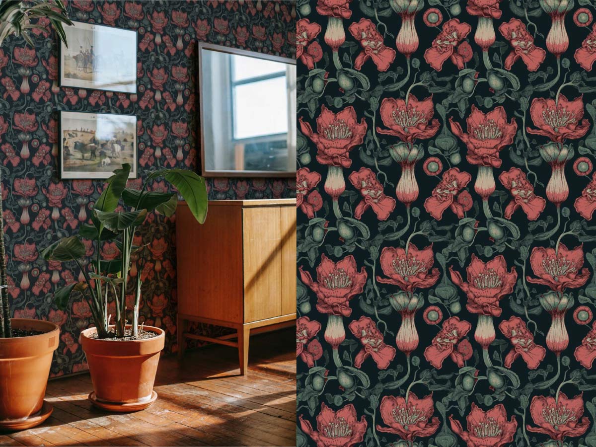 Dark academia inspired botanical wallpaper featuring vintage floral illustrations