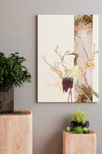 Elegant Stork in Bloom canvas print with a graceful stork and soft cherry blossoms, creating a calm and refined nature-inspired wall décor