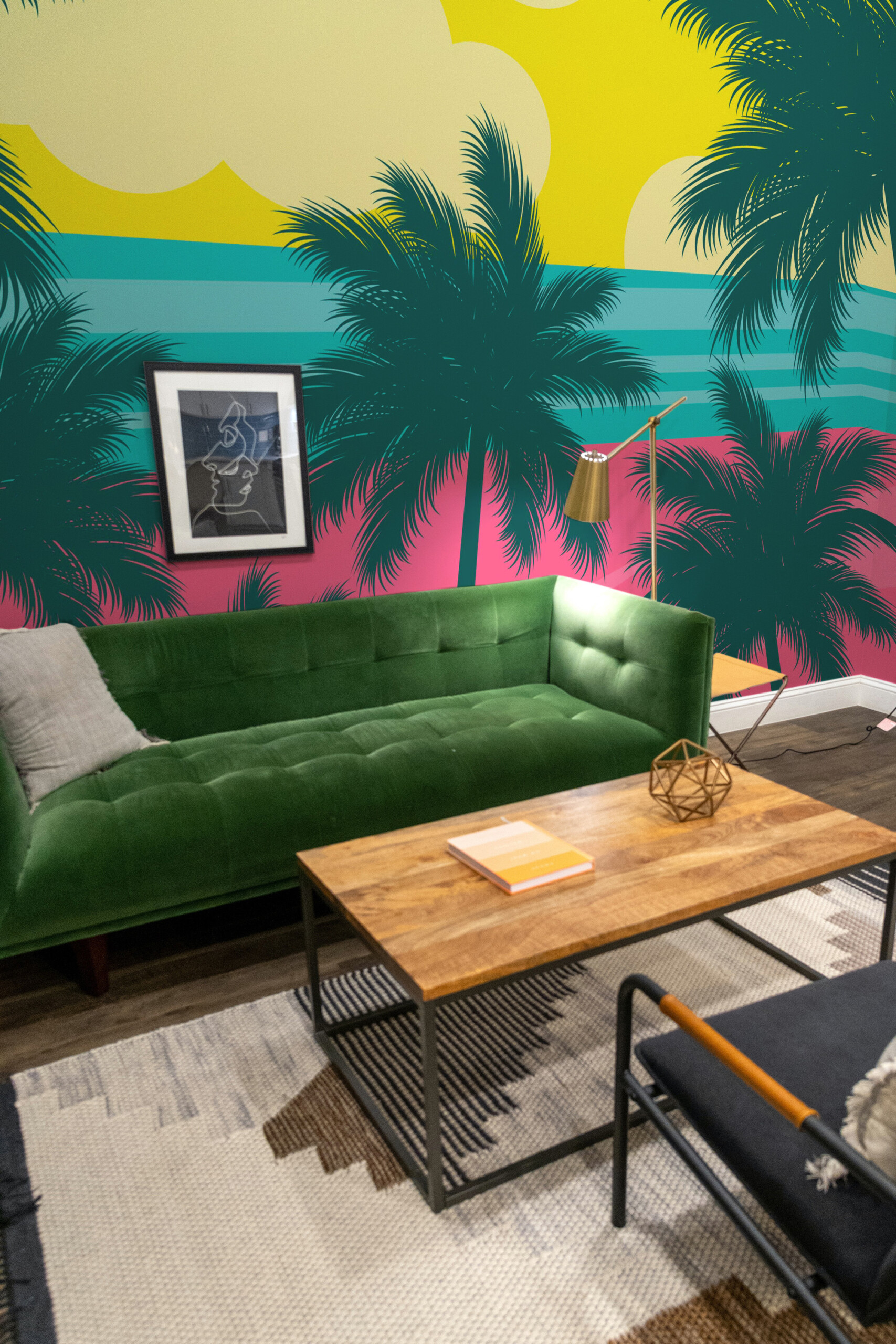 Fancy Walls removable wall mural with colorful beach-inspired palm silhouettes for tropical gaming room décor and expressive contemporary spaces.
