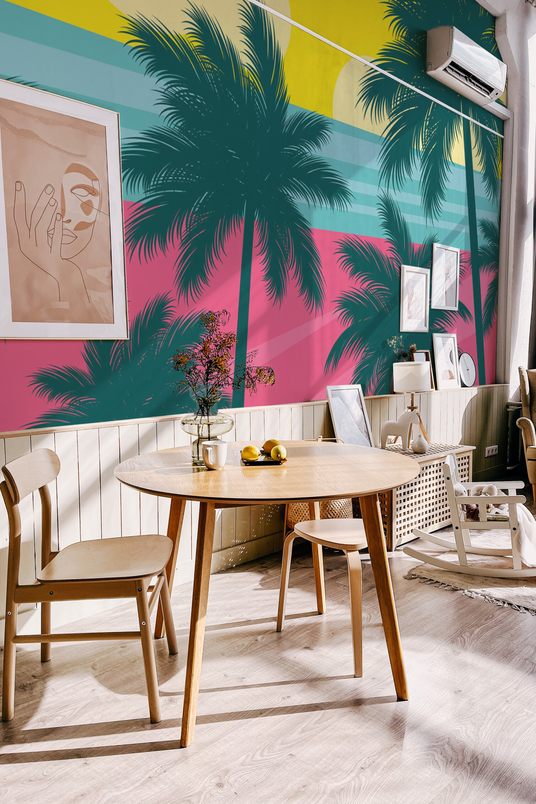 Fancy Walls eco-friendly peel and stick wall mural with abstract tropical palm pattern for stylish game rooms and modern coastal-inspired interiors.