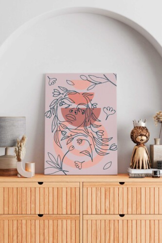 Abstract female face canvas print with boho geometry and clean line art, ideal for bedrooms, studios, and creative spaces