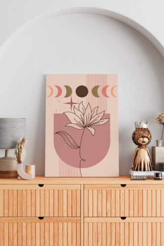 Minimalist floral moon phases canvas print featuring botanical line art and lunar elements for calm, balanced interiors
