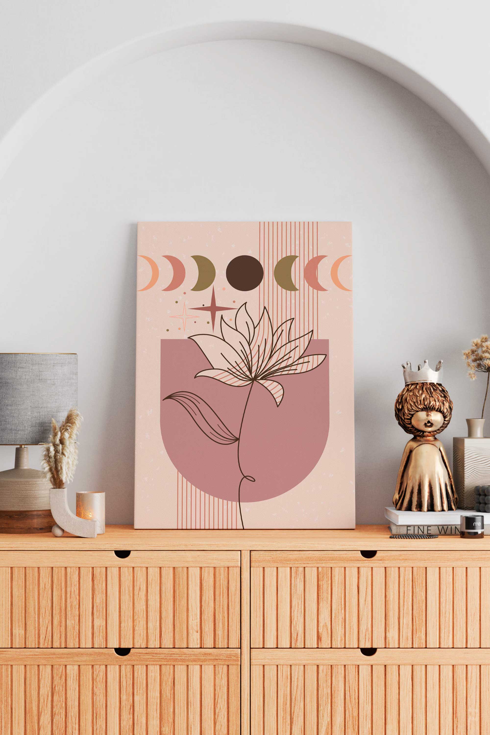 Minimalist floral moon phases canvas print featuring botanical line art and lunar elements for calm, balanced interiors