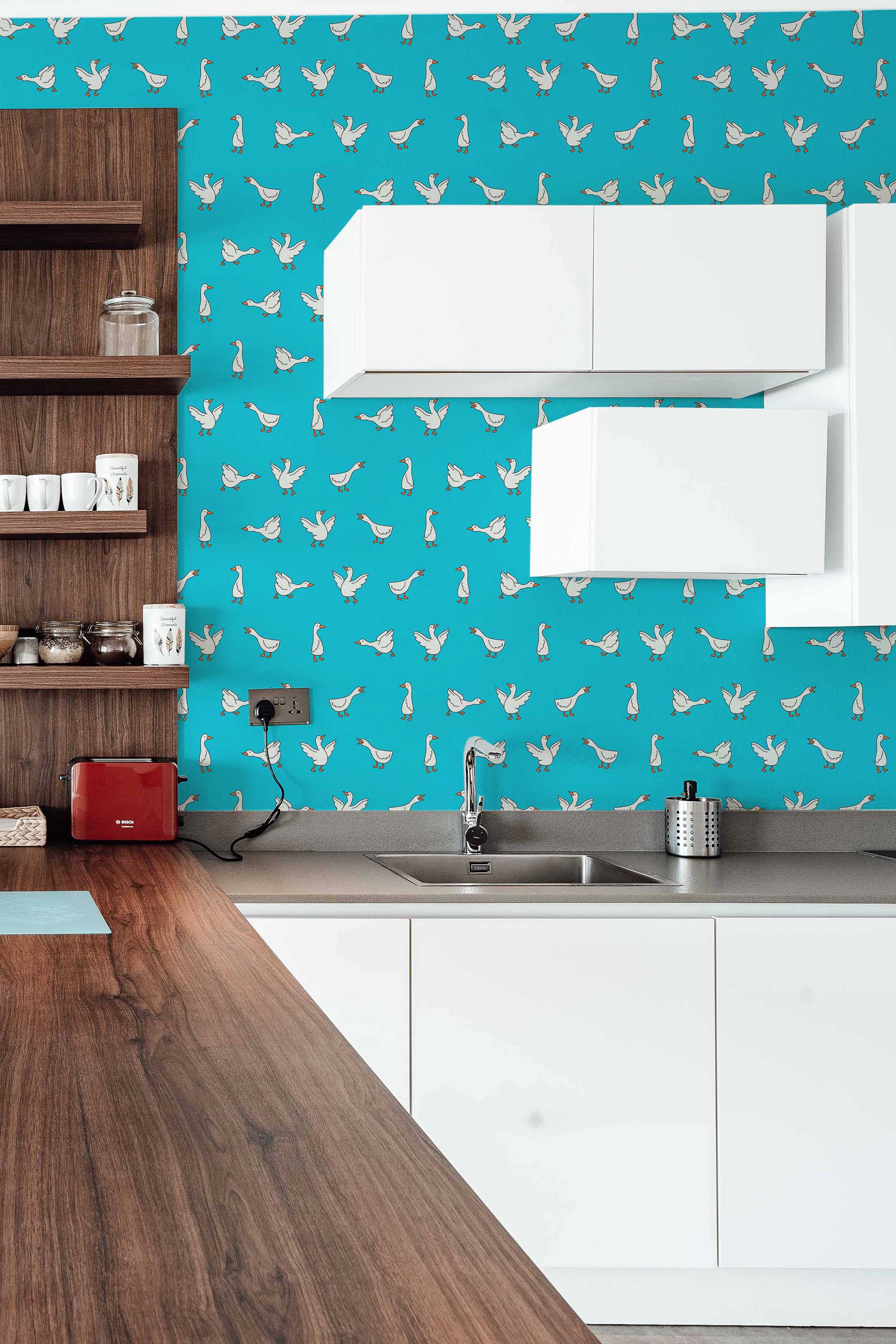 Fancy Walls removable wallpaper with bright flying geese on bold blue backdrop