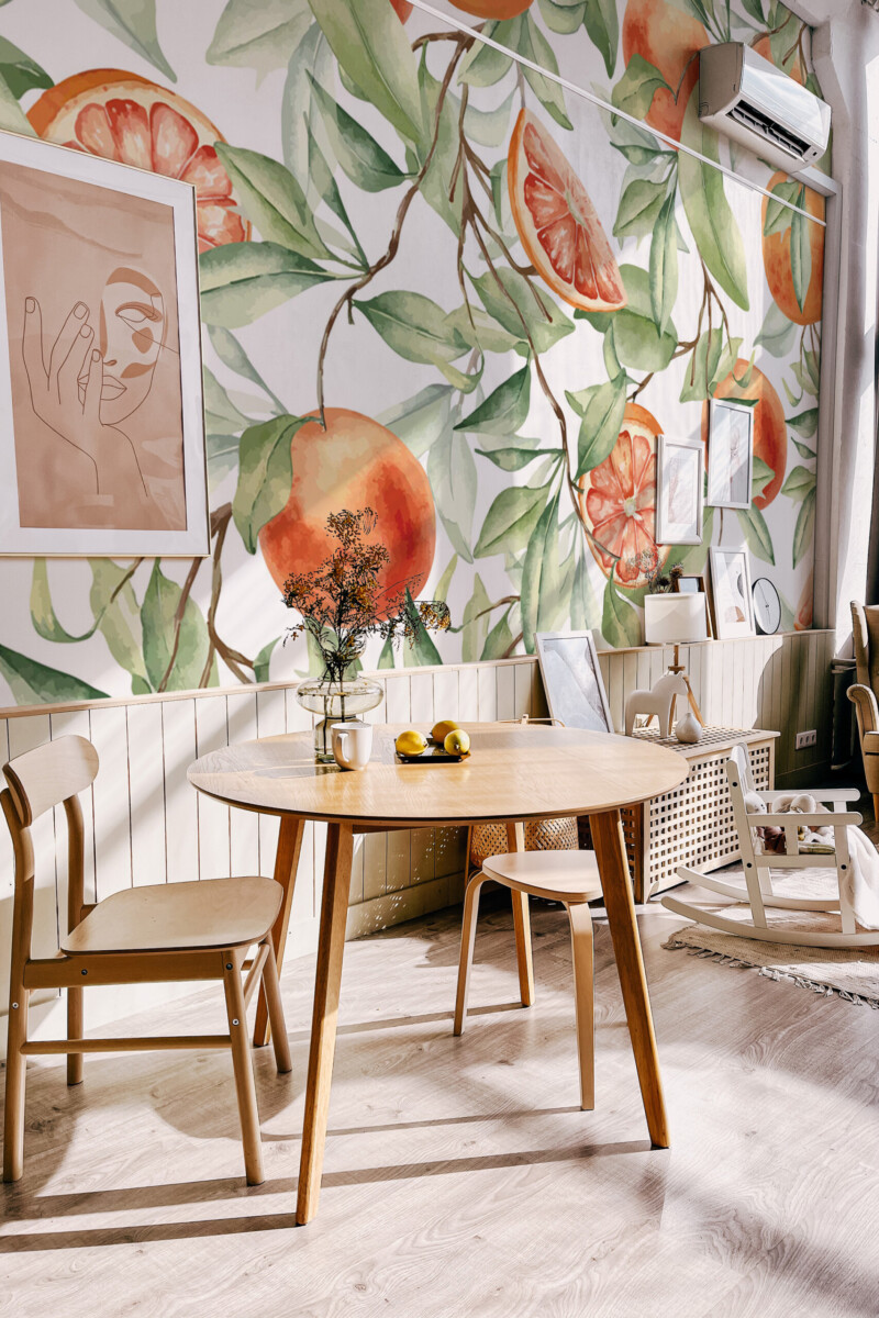 Fancy Walls removable wall mural with orange grapefruit branch pattern in watercolor style for tropical kitchens and coastal interiors.