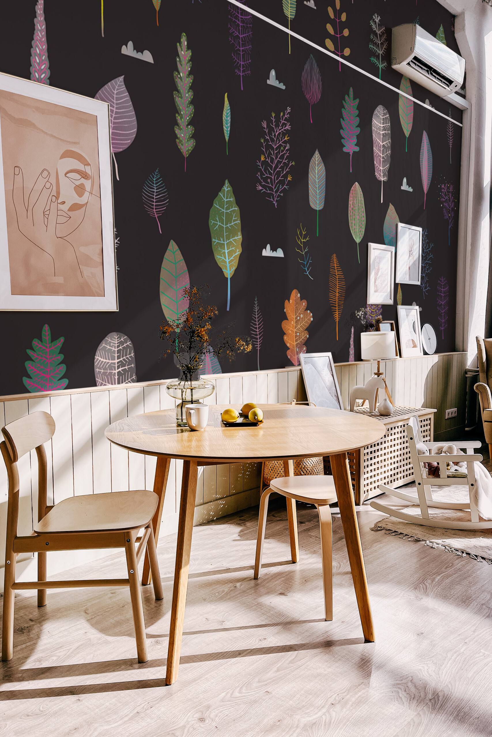 Fancy Walls peel and stick PVC-free wall mural with colorful funky leaves on black background for creative office and modern home office interiors.