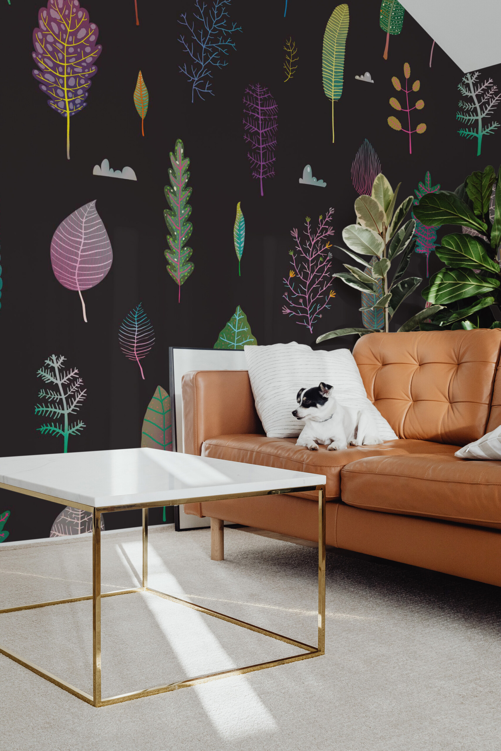 Fancy Walls removable wall mural with vibrant forest leaf pattern on black background for contemporary office walls. PVC-free wallpaper mural.