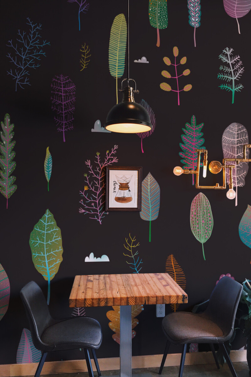 Fancy Walls peel and stick botanical wall mural with multicolor funky leaves for bold home office design. Eco-friendly tree inspired wallpaper mural.
