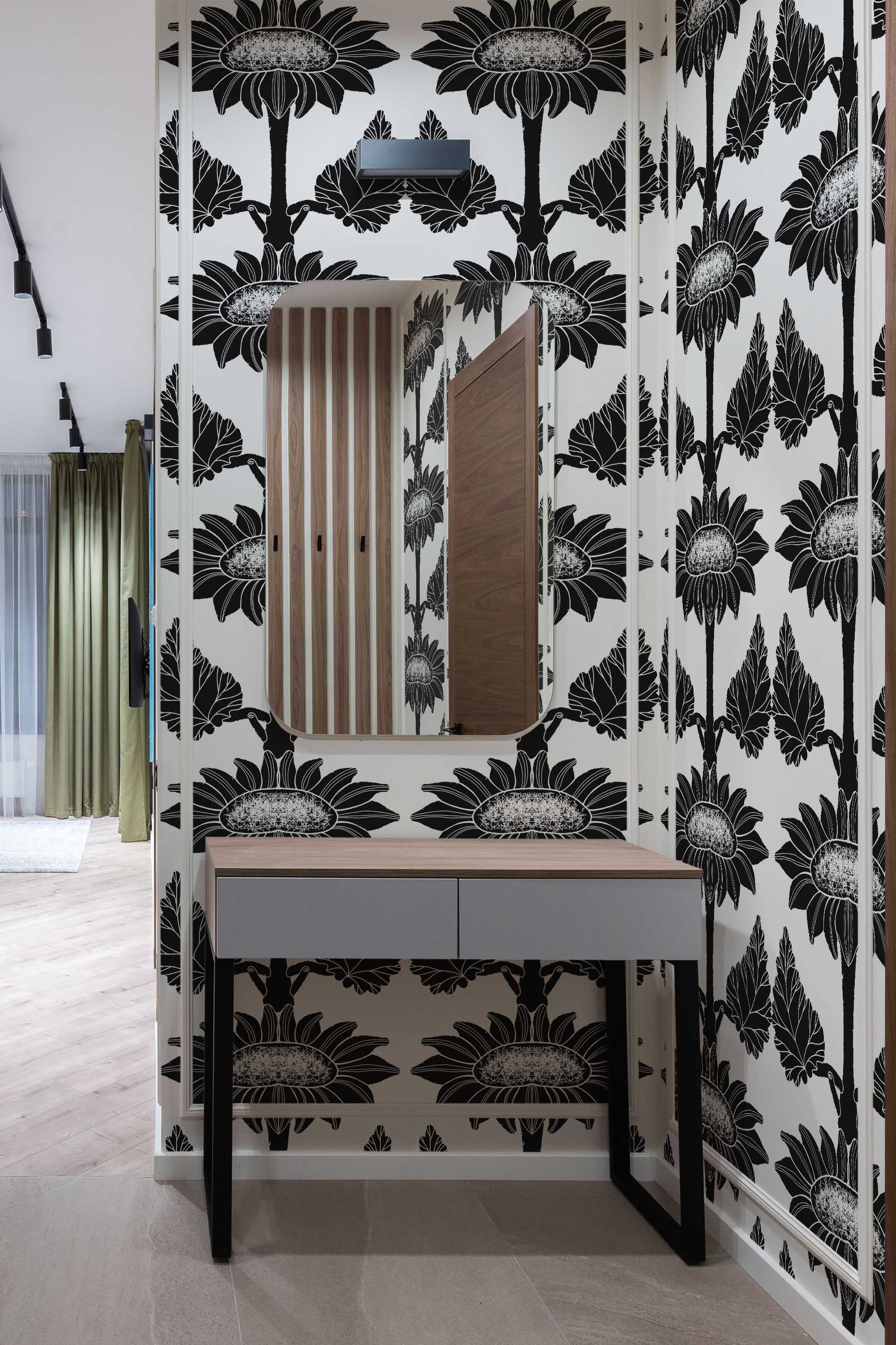 Fancy Walls peel and stick wallpaper with bold black and white sunflower pattern.
