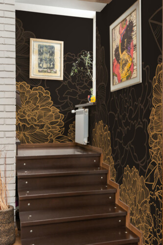 Fancy Walls removable peel and stick PVC-free wall mural with dramatic golden floral outlines for luxury living rooms and modern offices. Dark peony wallpaper mural.