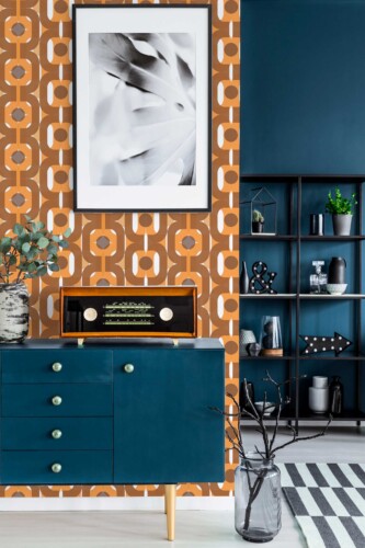Fancy Walls traditional wallpaper in bold midcentury brown geometric style.