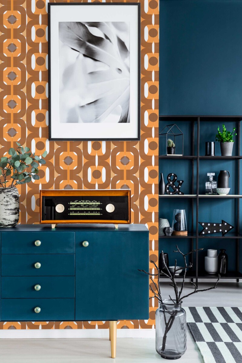 Fancy Walls traditional wallpaper in bold midcentury brown geometric style.