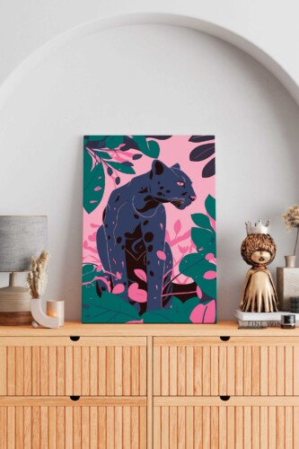 Midnight Panther canvas print showing a modern illustrated panther with flat colors and botanical elements for creative living spaces