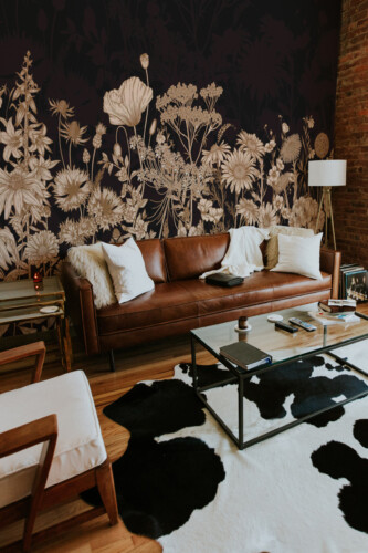 Fancy Walls traditional non-pasted eco-friendly wall mural with muted beige wildflower meadow on dark background for art deco living rooms.