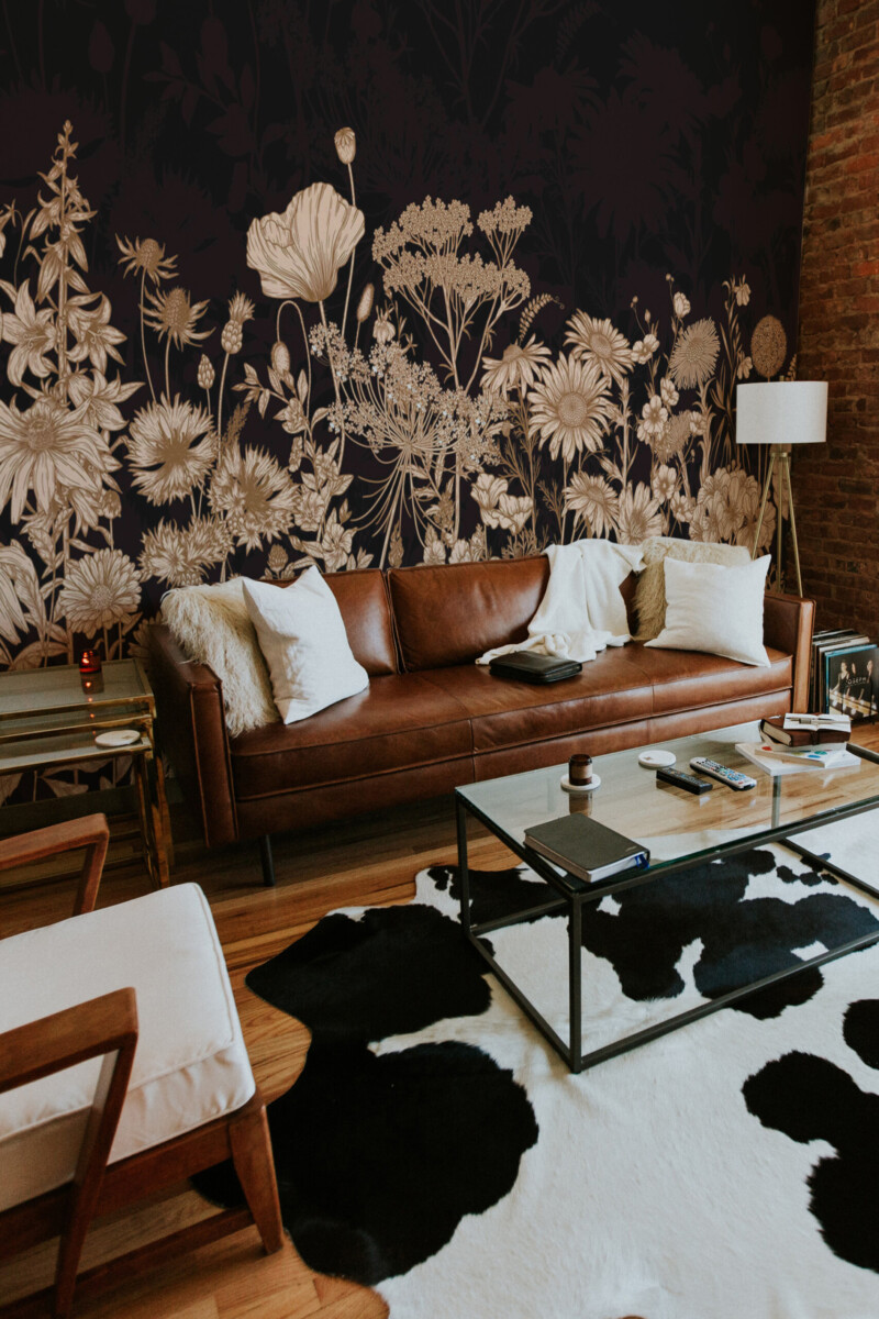 Fancy Walls traditional non-pasted eco-friendly wall mural with muted beige wildflower meadow on dark background for art deco living rooms.