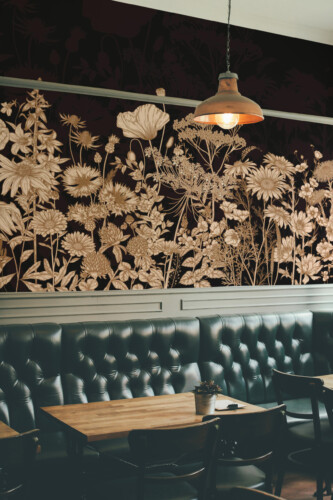 Fancy Walls peel and stick PVC-free wall mural featuring brown botanical silhouettes in dark floral style for modern moody interiors.