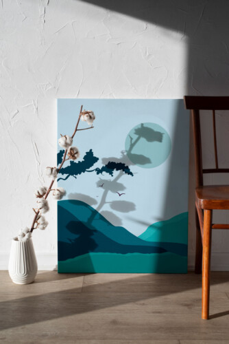 Chinoiserie Morning Hills canvas print featuring abstract mountain layers and gentle color gradients for serene interiors
