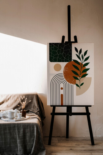 Boho geometric canvas print featuring neutral colors and minimalist botanical elements for stylish contemporary interiors