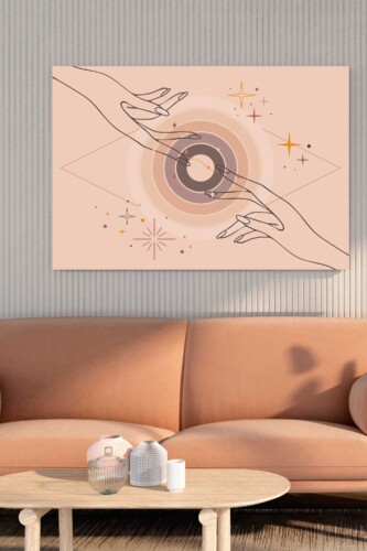 Modern boho canvas print with celestial hands and abstract star elements, adding balance and peaceful energy to living spaces