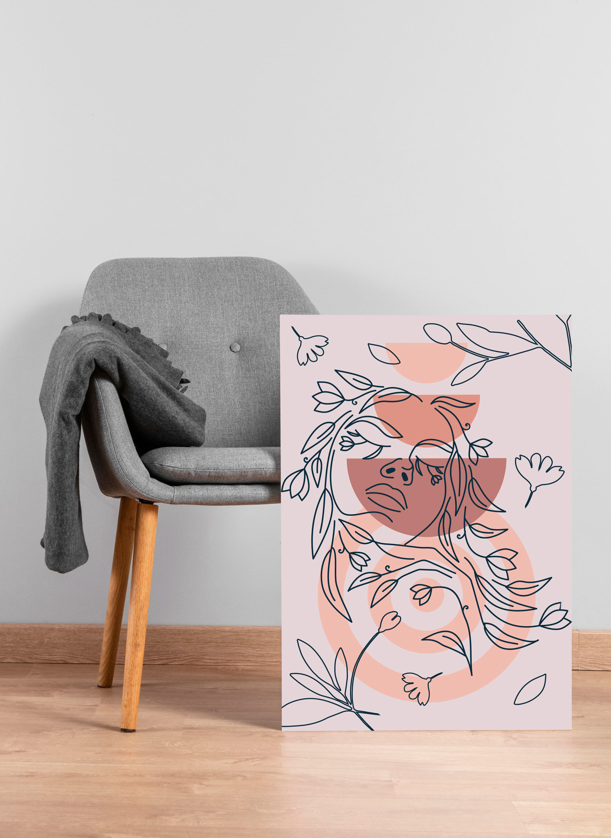 Modern boho line art canvas print with soft beige and terracotta shapes, adding elegance and balance to minimalist décor