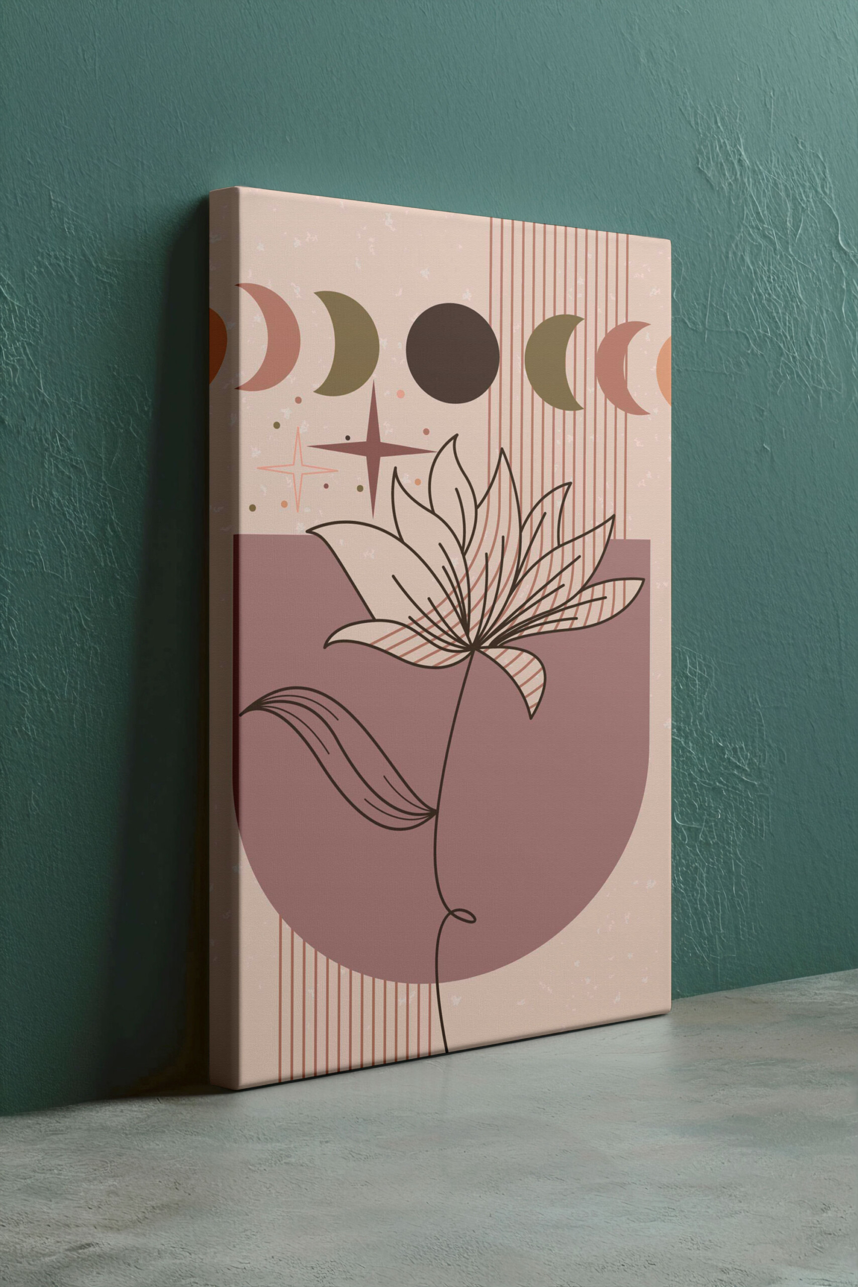Floral Moon Phases canvas print showing delicate line art flower with lunar motifs in warm neutral colors