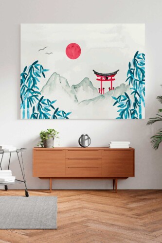 Minimalist Asian pagoda canvas print featuring a red sun, watercolor mountains, and calm zen-inspired composition