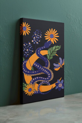 Boho serpent illustration canvas print with flowers and flowing shapes for creative interiors