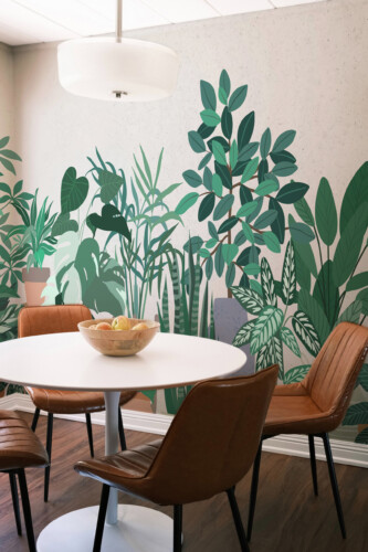 Fancy Walls peel and stick PVC-free wall mural with bold green houseplants in pots on off-white background for modern office and home office décor.