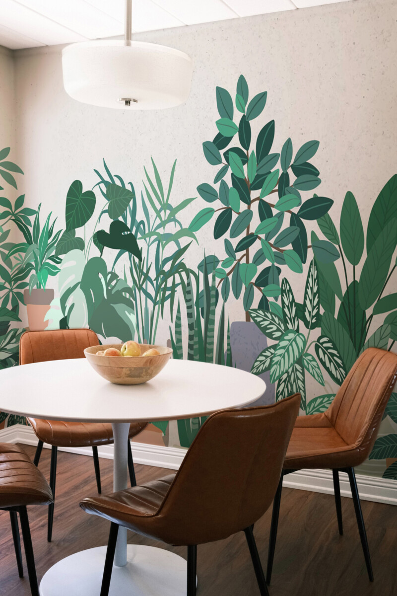 Fancy Walls peel and stick PVC-free wall mural with bold green houseplants in pots on off-white background for modern office and home office décor.