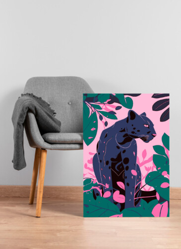 Stylized panther canvas print with deep navy tones and leafy accents, ideal for boho, eclectic, and modern wall décor