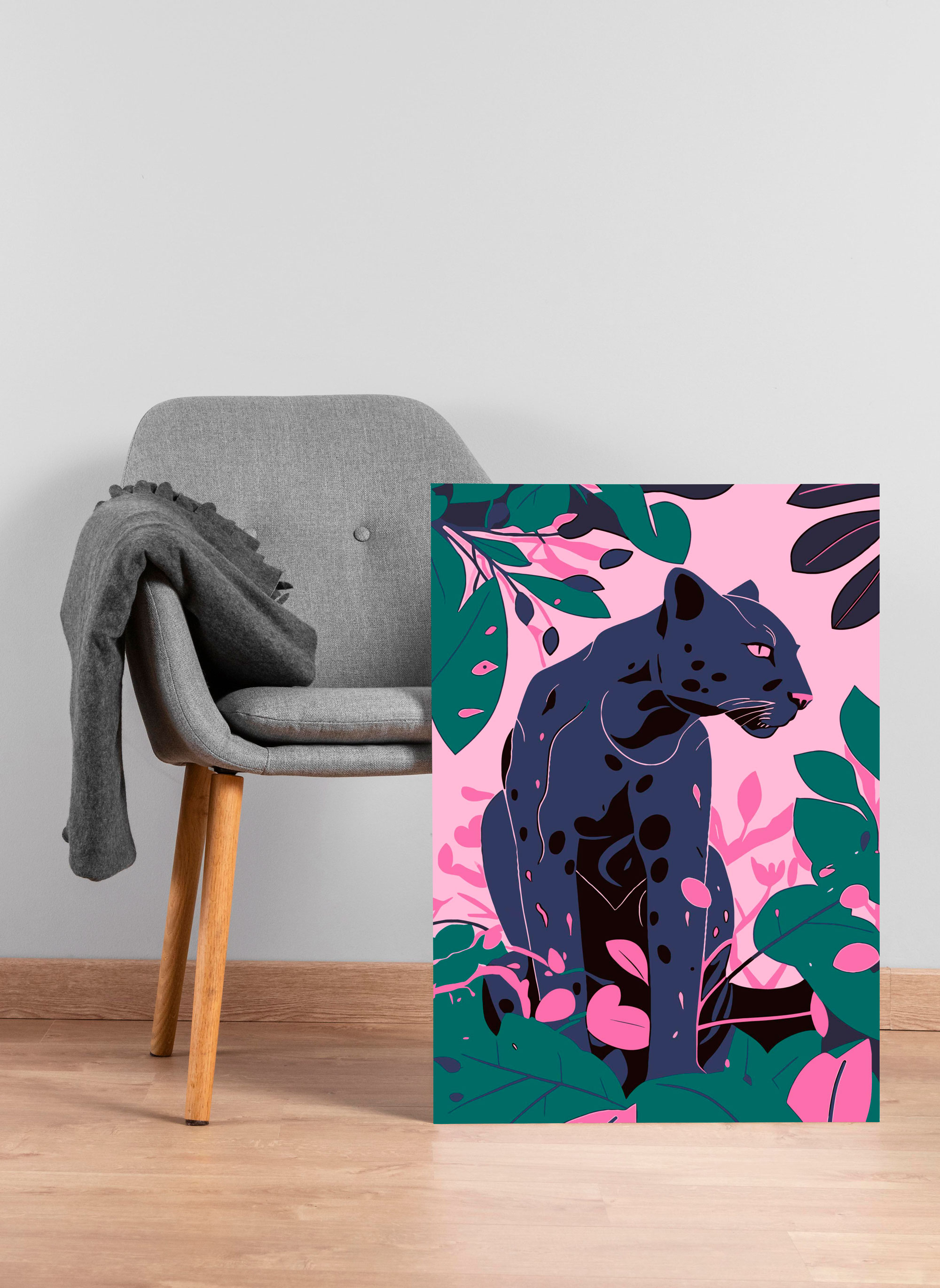 Stylized panther canvas print with deep navy tones and leafy accents, ideal for boho, eclectic, and modern wall décor