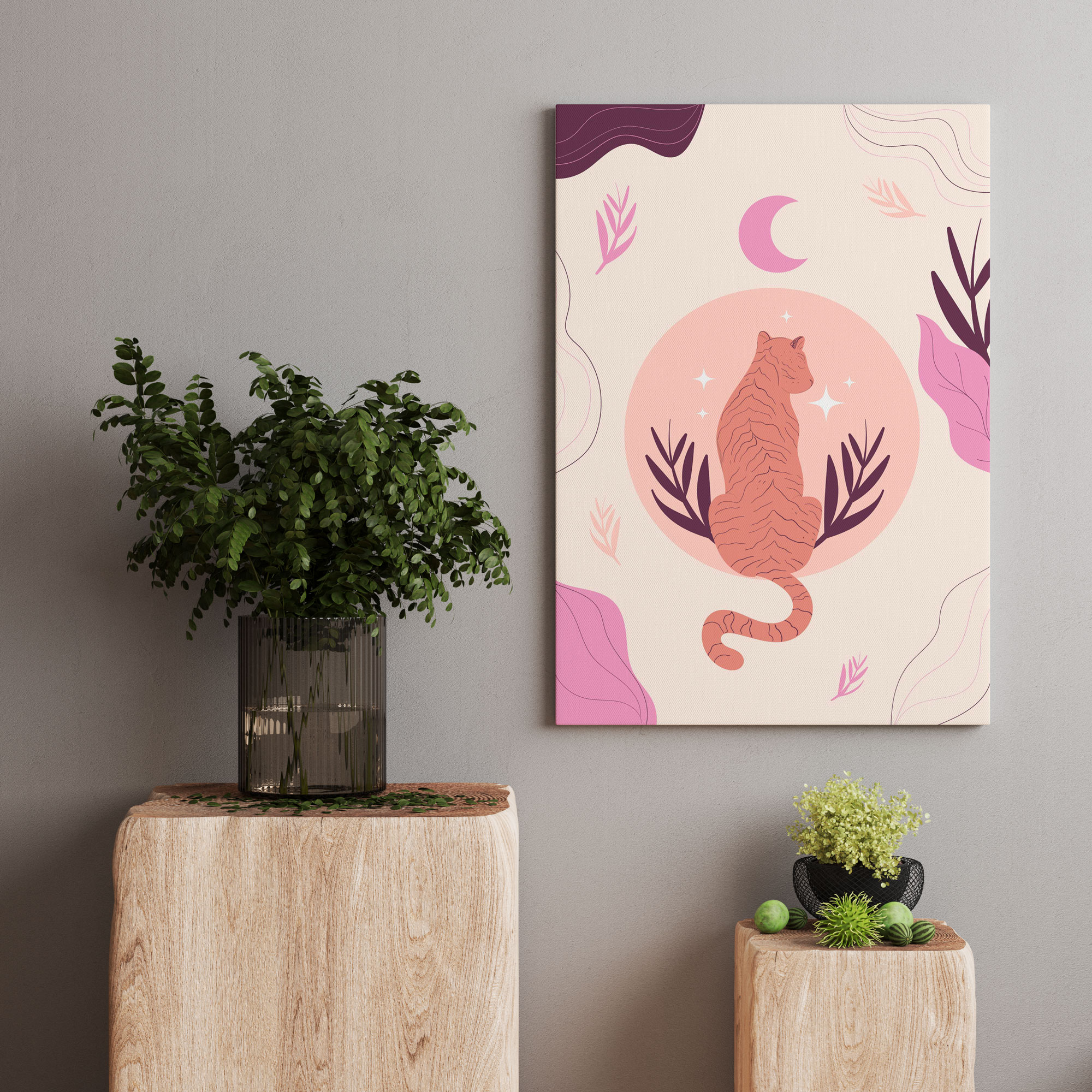 Moonlit Tiger wall art canvas with minimalist line art, warm neutral tones, and a dreamy celestial atmosphere