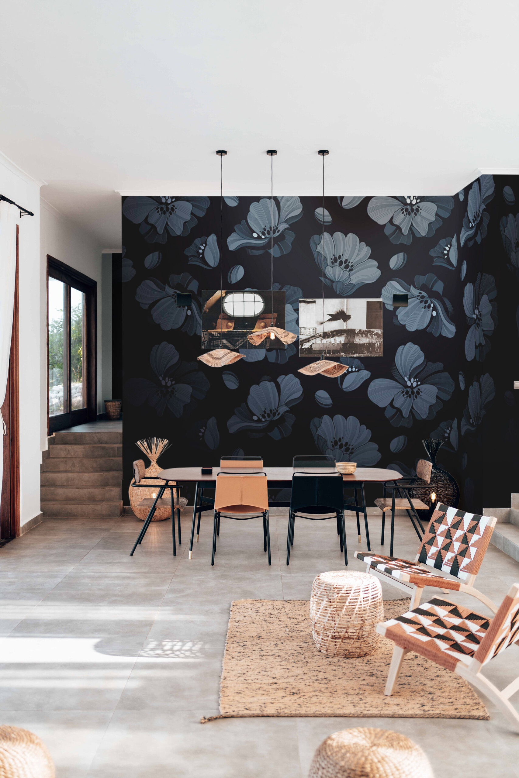 Fancy Walls traditional non-pasted eco-friendly wall mural featuring floating blue floral pattern for retro inspired living rooms and artistic spaces.