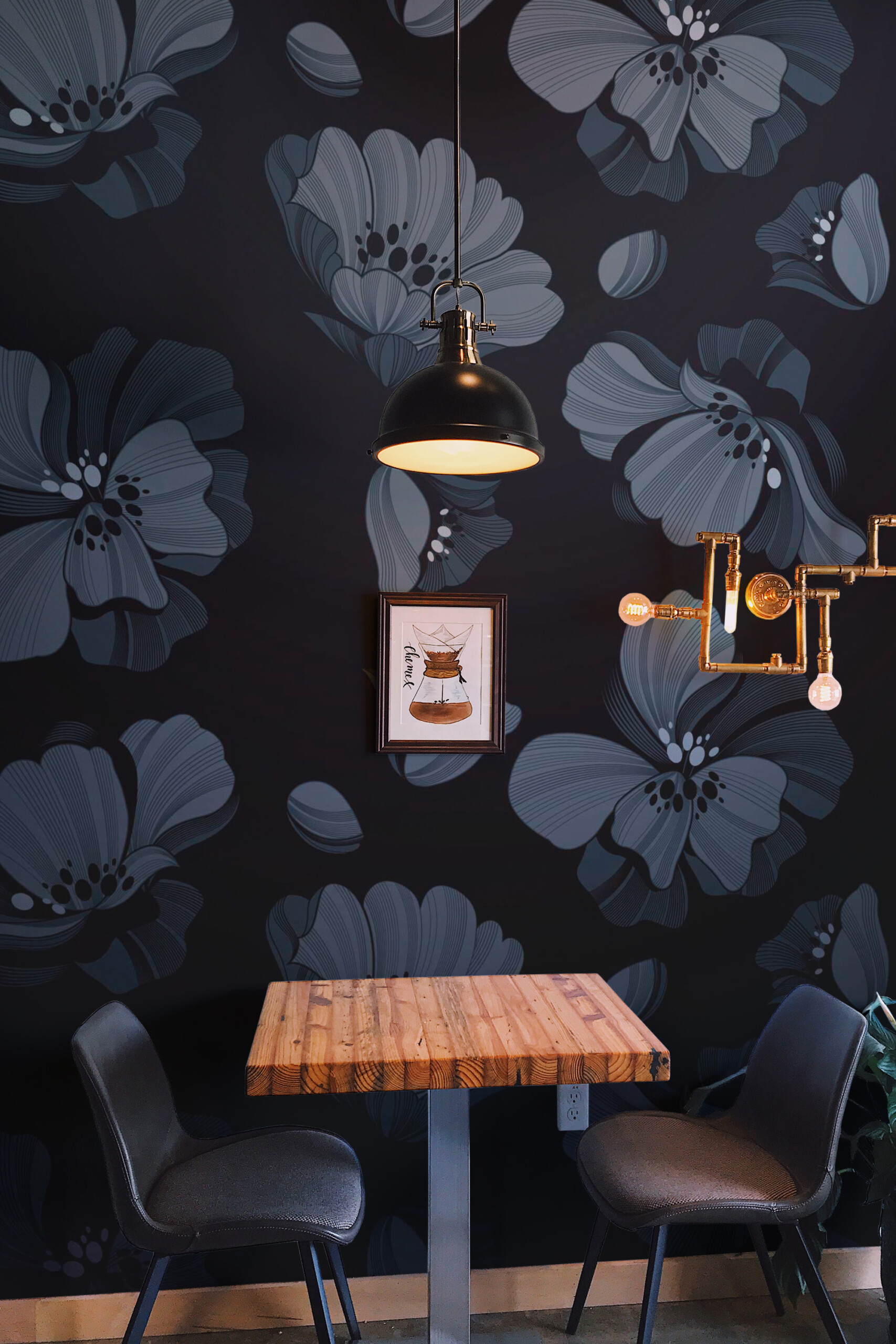 Fancy Walls peel and stick eco-friendly wall mural with vintage blue flowers on deep background for modern retro living room décor.