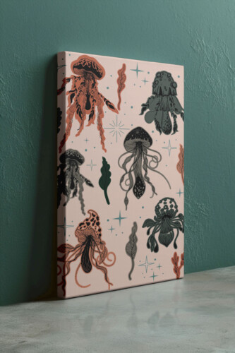 Boho Jellyfish canvas print with flowing medusa forms, subtle star details, and organic shapes, adding calm movement to eclectic home décor