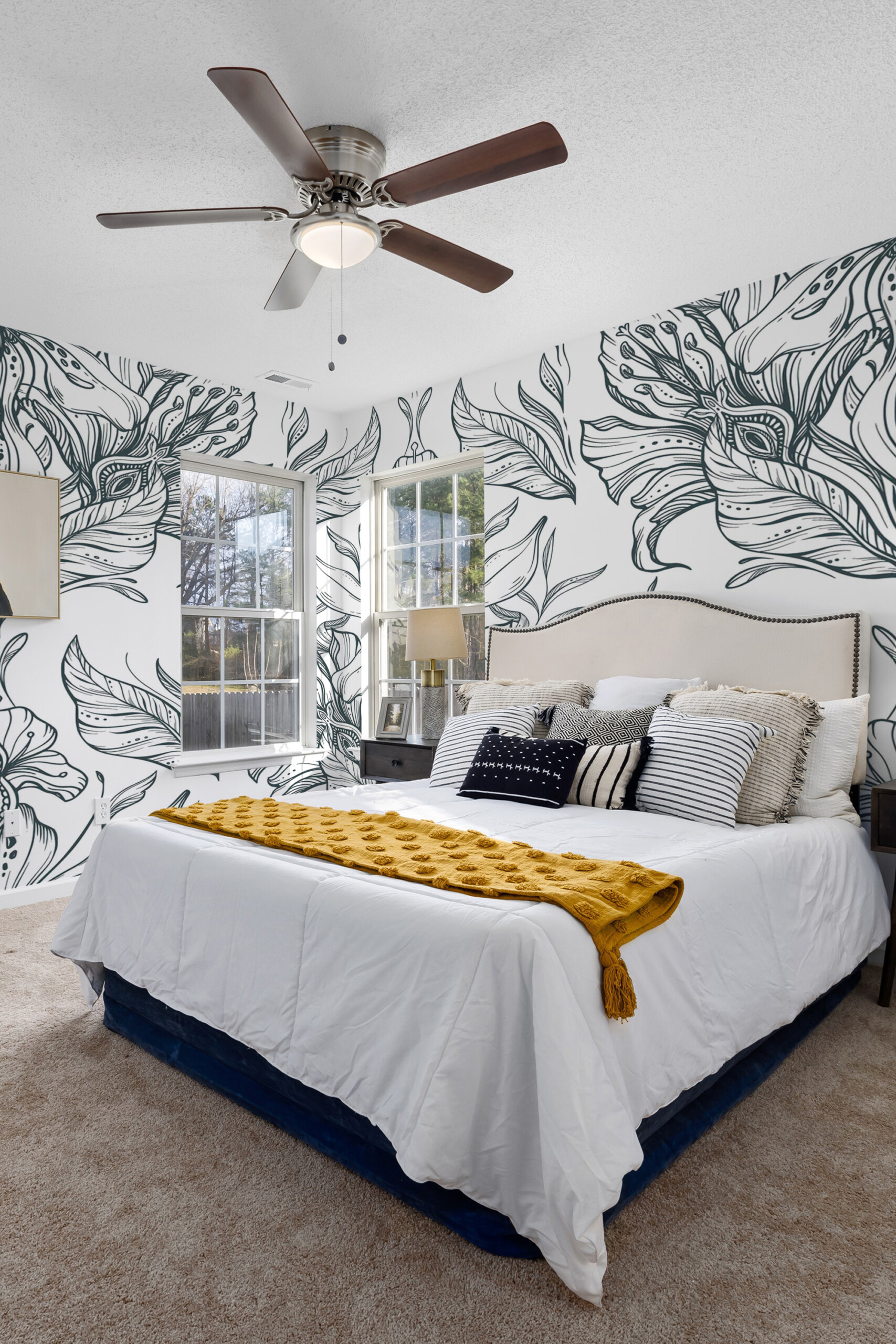 Fancy Walls peel and stick PVC-free wall mural with intricate black line art floral symmetry pattern for elegant living rooms and modern classic interiors.