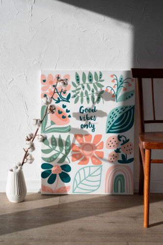 Good Vibes Boho Tiles canvas print showing a whimsical boho pattern with flowers, leaves, and gentle geometric elements