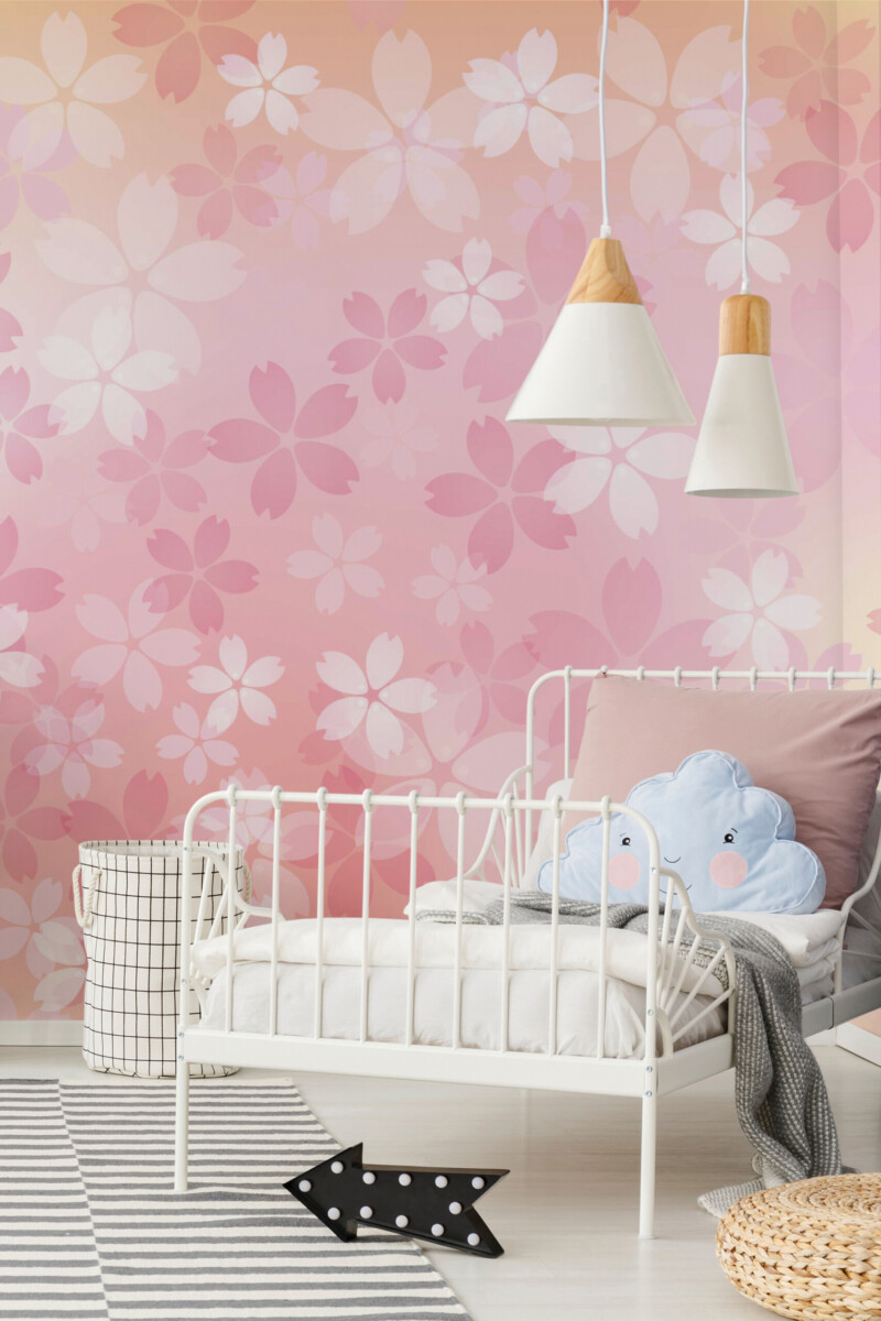 Fancy Walls eco-friendly peel and stick wall mural with minimalist pink floral design for calm contemporary bedroom interiors.