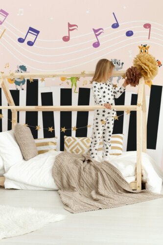 Fancy Walls peel and stick PVC-free wall mural with colorful dancing animals and piano theme for nursery and kids room décor.