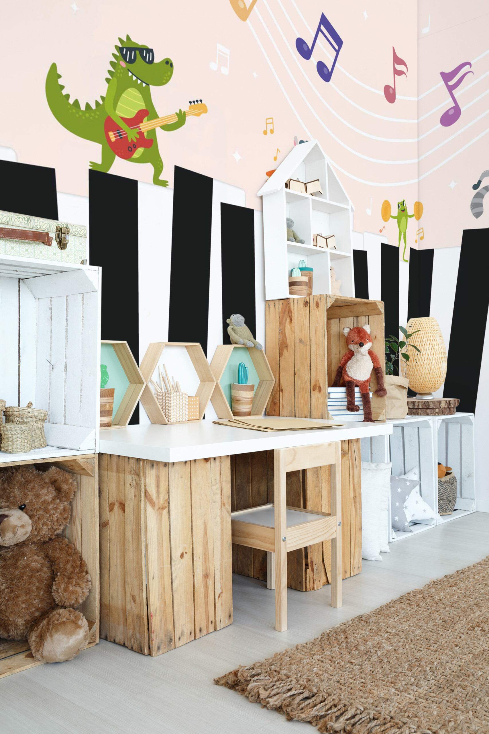 Fancy Walls traditional non-pasted eco-friendly wall mural featuring playful animal orchestra design for nursery walls and fun children interiors.